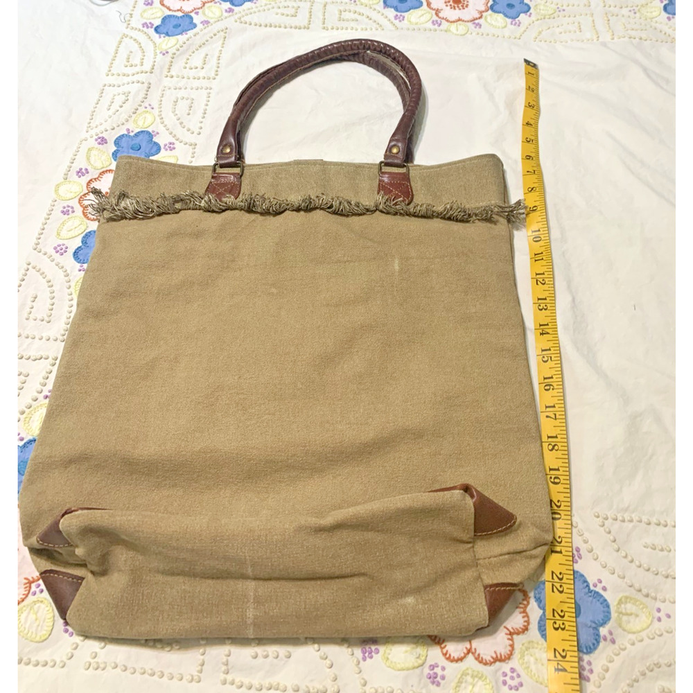Mona B Tote Bag Cotton Canvas Leather Tan Brown Distressed Lined Recycled Fabric - Picture 2 of 7